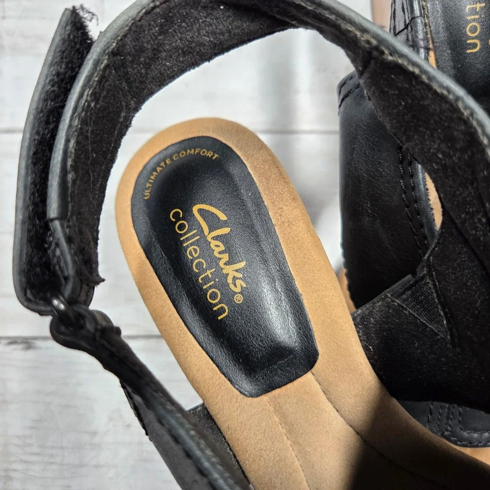Clarks Collection Ultimate Comfort Wedge Sandal Women 7.5 Black Leather Slingbac